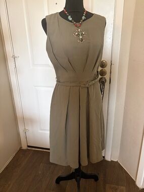Anthropologie Olive Green Sleeveless Pleated Midi Dress with Belt